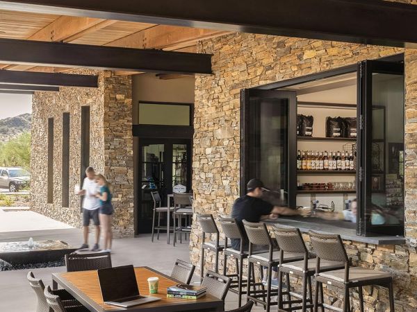 Outdoor seatings and stone wall