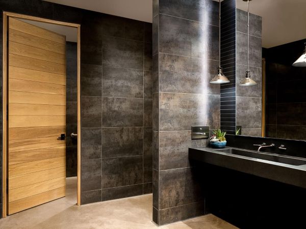 Bathroom in dark colors and a wood door